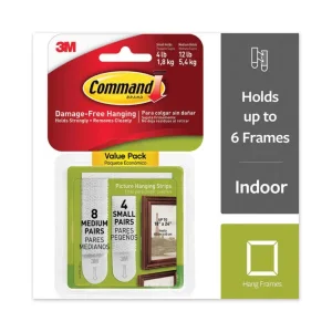 Picture Hanging Strips, Value Pack, Removable, (4) Small 0.63 X 1.81 And (8) Medium 0.75 X 2.75, White, 12 Pairs/pack