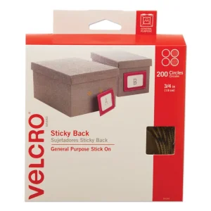 Sticky-Back Fasteners With Dispenser Box, Removable Adhesive, 0.75″ Dia, Beige, 200/roll