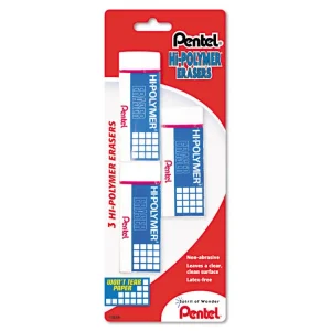 Hi-Polymer Eraser, For Pencil Marks, Rectangular Block, Medium, White, 3/pack