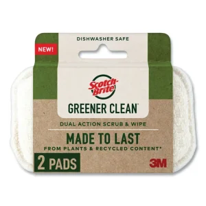 Greener Clean Dual Action Scrub and Wipe, 2.8 x 4.7, 0.7" Thick, White, 2/Pack