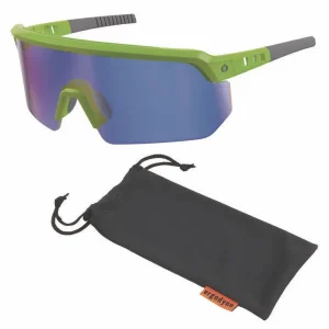 Skullerz AEGIR Safety Glasses, Mirrored Lenses, Lime Nylon Impact Frame, Blue Mirror Polycarbonate Lens,Ships in 1-3 Bus Days