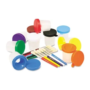 No-Spill Cups And Coordinating Brushes, Assorted Color Lids/clear Cups, 10/set