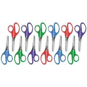 Kids’ Scissors, Rounded Tip, 5″ Long, 1.75″ Cut Length, Assorted Straight Handles, 12/pack