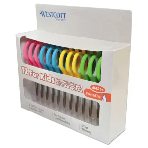 Soft Handle Kids Scissors, Pointed Tip, 5″ Long, 1.75″ Cut Length, Assorted Straight Handles, 12/pack
