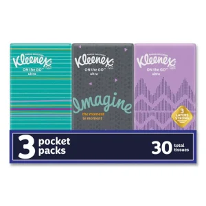 On The Go Packs Facial Tissues, 3-Ply, White, 10 Sheets/Pouch, 3 Pouches/Pack, 36 Packs/Carton