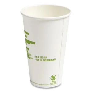 Eco-ID Compostable Paper Hot Cups, 12 oz, White/Green, 50/Pack