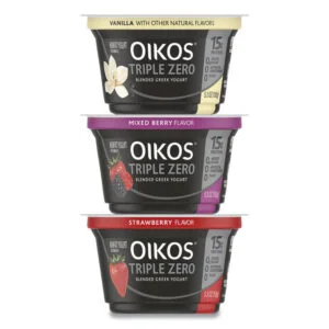 Triple Zero Blended Greek Nonfat Yogurt, 5.3 oz, Strawberry/Mixed Berry/Vanilla, 18/Carton, Ships in 1-3 Business Days