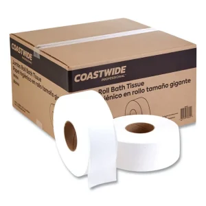 Jumbo 1-Ply Toilet Paper, Septic Safe, White, 3.5″ x 2,000 ft, 12 Rolls/Carton