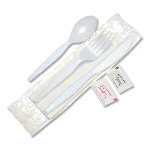 Individually Wrapped Mediumweight Polystyrene Cutlery, Knife/fork/teaspoon/salt/pepper/napkin, White, 250/carton