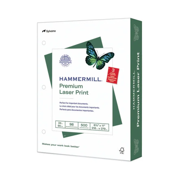 Premium Laser Print Paper, 98 Bright, 3-Hole, 24 lb Bond Weight, 8.5 x 11, White, 500/Ream