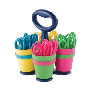 Scissor Caddy With Kids’ Scissors, 5″ Long, 2″ Cut Length, Light Blue; Light Green; Pink; Yellow, Straight Handles, 24/set