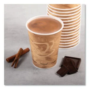 Mistique Polycoated Hot Paper Cups, 12 oz, Printed, Brown, 50/Sleeve, 20 Sleeves/Carton