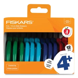 Kids Scissors, Pointed Tip, 5″ Long, 1.75″ Cut Length, Straight Handles, Assorted Colors, 12/Pack