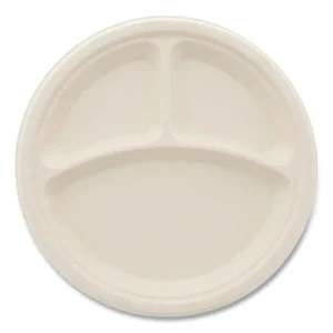 Bagasse PFAS-Free Dinnerware, Plate, 10″ dia, 3-Compartment, Tan, 500/Carton