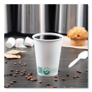 Compostable Paper Hot Cups, ProPlanet Seal, 12 oz, White/Green, 50/Pack
