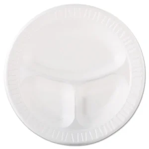 Quiet Class Laminated Foam Dinnerware, Plates, 3-Compartment, 10.25″ dia, White, 125/Pack, 4 Packs/Carton