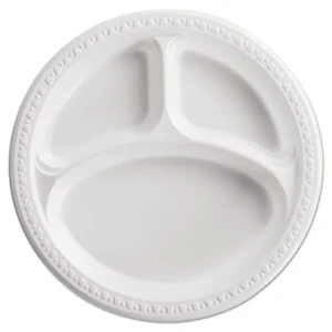 Heavyweight Plastic 3-Compartment Plates, 10.25″ Dia, White, 125/pack, 4 Packs/carton