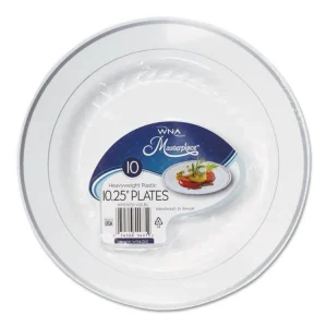 Masterpiece Plastic Plates, 10.25″ Dia, White With Silver Accents, Round, 10/pack, 12 Packs/carton