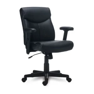 Stay comfortable through with this stylish, manager’s chair. Designed for luxurious comfort, it supports your head, neck, back, and shoulders with plush cushioning and lumbar support. Height and width-adjustable arms for the perfect set-up. Further customize your working position with adjustable seat height and locking tilt tension. The faux leather seat has a modern touch and is easy-to-clean. Mobile design features a stable, five-star base with rolling casters which work on carpet or hard floors. Supports up to 275 lbs. Assembly required.