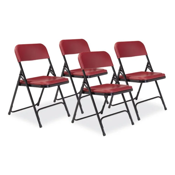 800 Series Plastic Folding Chair, Supports 500 lb, 18″ Seat Ht, Burgundy Seat/Back, Black Base, 4/CT, Ships in 1-3 Bus Days