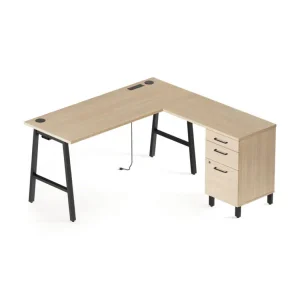 Essentials Single-Pedestal L-Shaped Desk with Integrated Power Management, 59.8″ x 59.8 x 29.7″, Natural Wood/Black