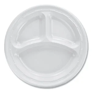 Famous Service Plastic Dinnerware, Plate, 3-Compartment, 10.25″ Dia, White, 125/pack, 4 Packs/carton