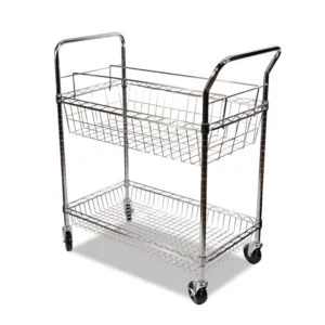 Carry-all Mail Cart, Metal, 1 Shelf, 1 Bin, 34.88″ x 18″ x 39.5″, Silver