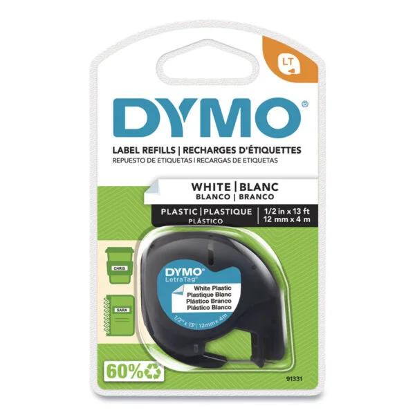 Letratag Plastic Label Tape Cassette, 0.5″ X 13 Ft, White