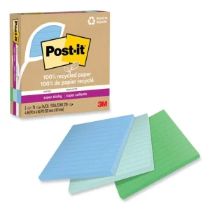 100% Recycled Paper Super Sticky Notes, Ruled, 4″ x 4″, Oasis, 70 Sheets/Pad, 3 Pads/Pack